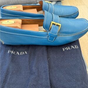 Prada Blue Leather Loafers with Gold Buckle